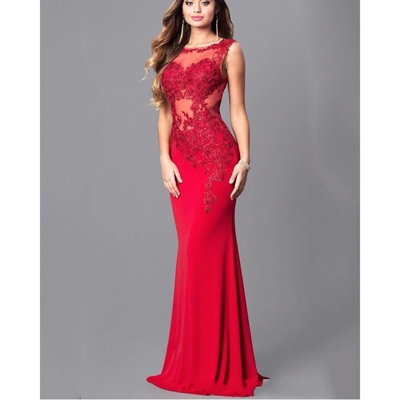 đź’‹ Stunning Jovani Formal Red Lace Full Length Prom or Formal Event Dress - Picture 5 of 9